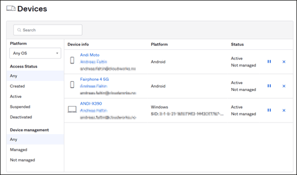 Example of a device context page for one user
