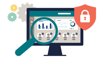 Illustration of screen and magnifying glass symbolizing managing AI agents and machine identities
